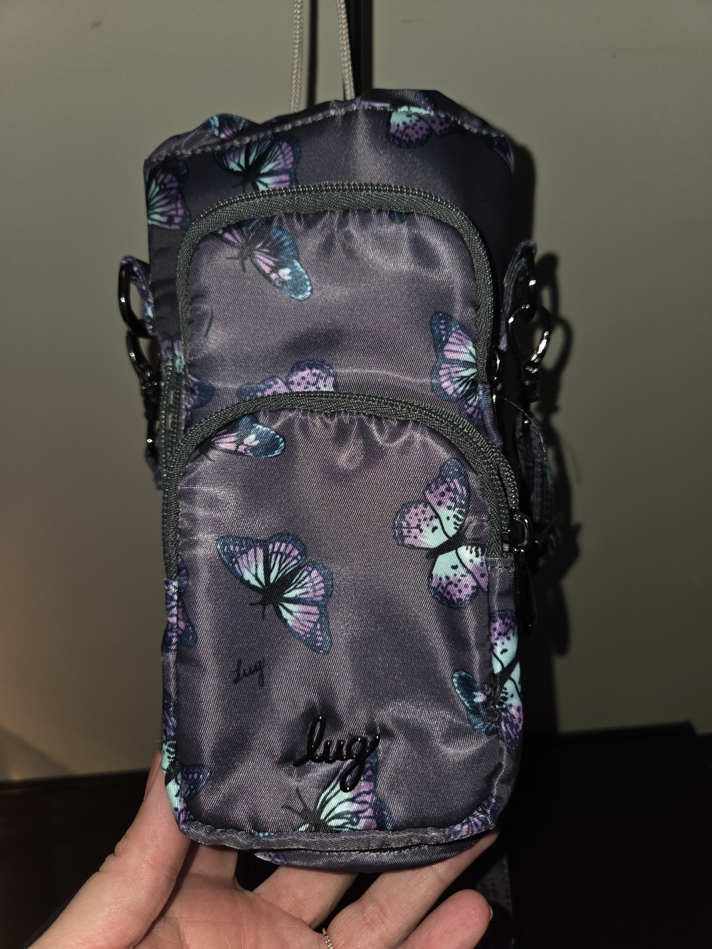 lug Gray Crossbody Phone/insulated Water Bag with Purple and Teal Butterfly